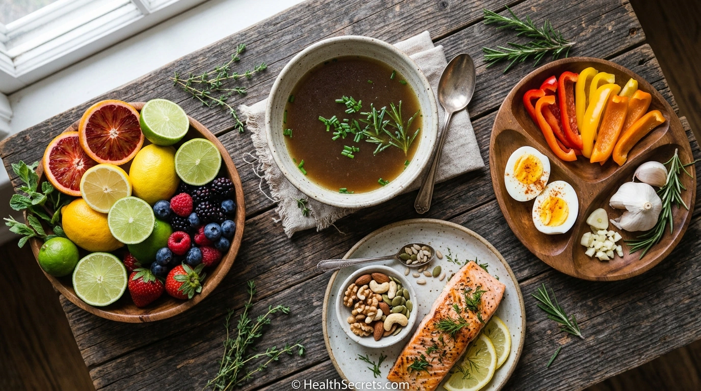 Collagen supporting foods including citrus fruits salmon berries nuts and bone broth for anti-aging skin nutrition