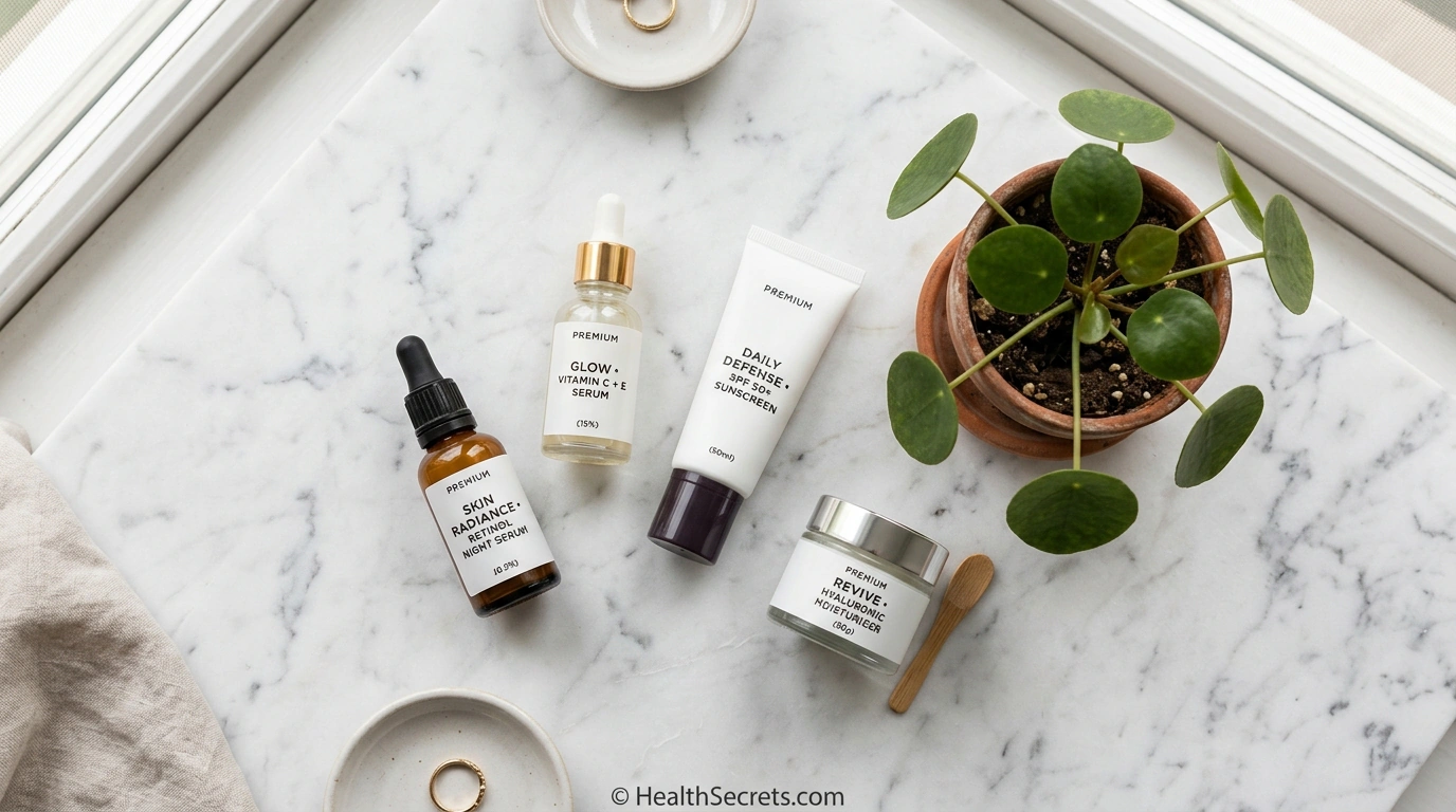 Essential anti-aging skincare products including retinol serum vitamin C serum and sunscreen on marble surface