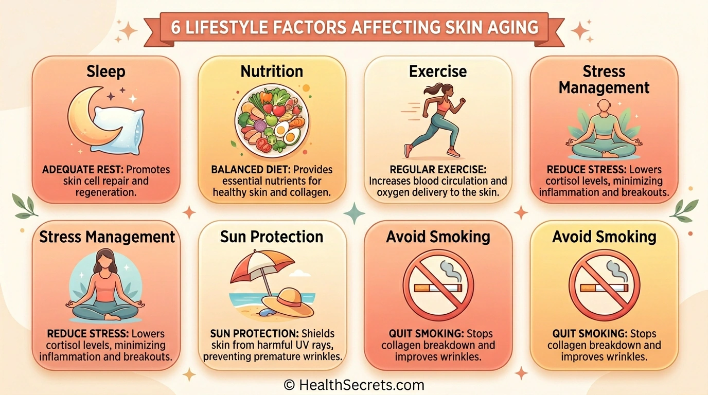 Six lifestyle factors affecting skin aging including sleep nutrition exercise stress management sun protection and avoiding smoking