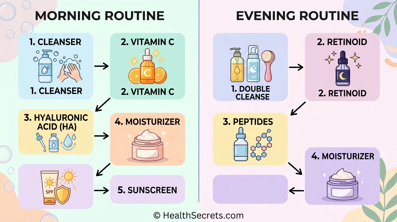 Morning and evening anti-aging skincare routine flowchart showing product layering order