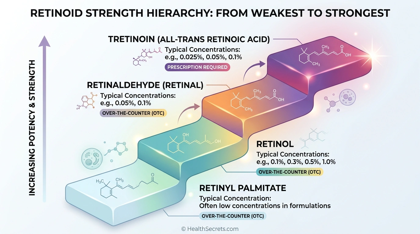 Retinoid strength ladder showing retinyl palmitate retinol retinaldehyde and tretinoin from mildest to strongest