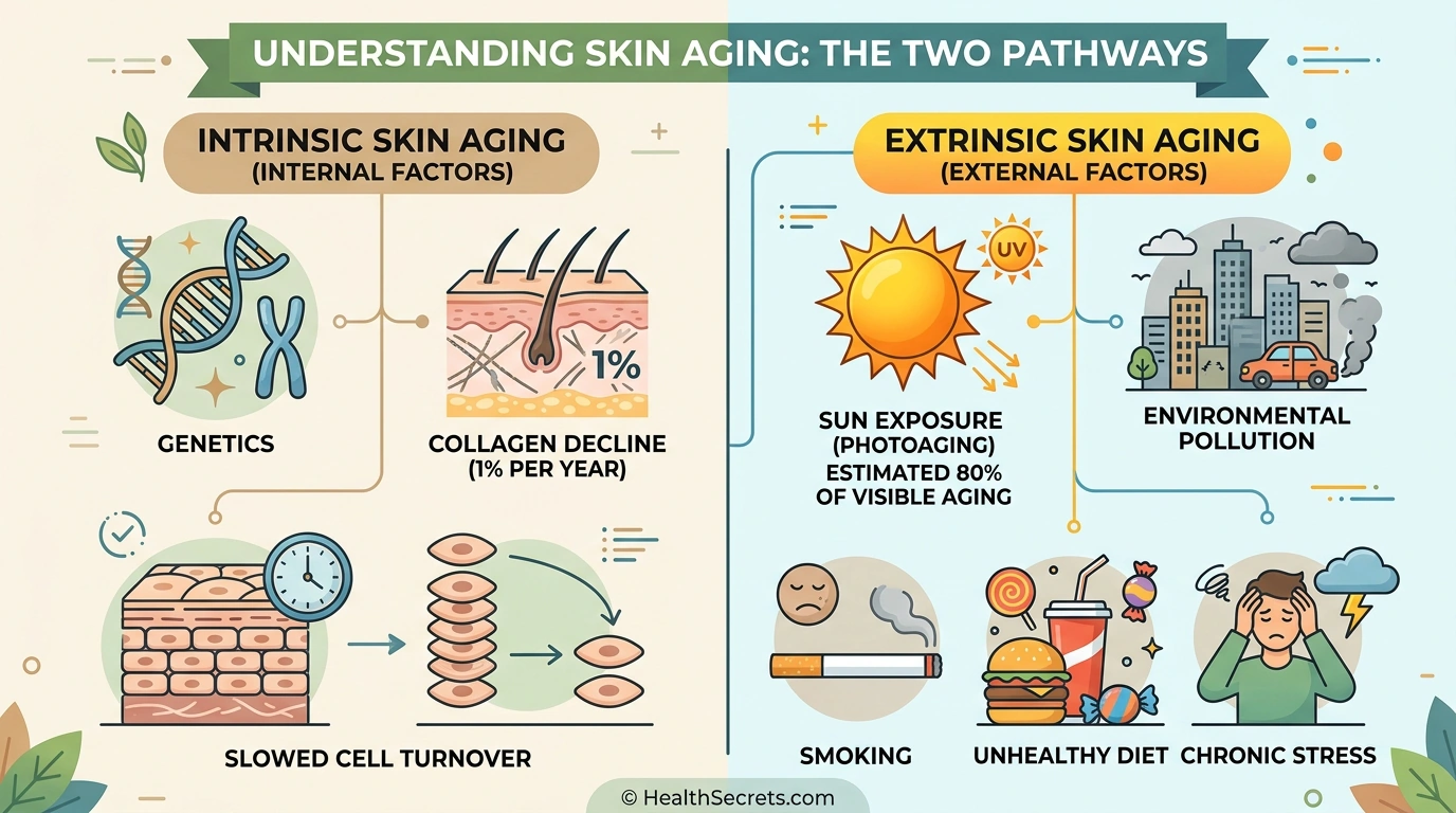 Infographic showing intrinsic and extrinsic causes of skin aging including UV damage collagen decline and lifestyle factors