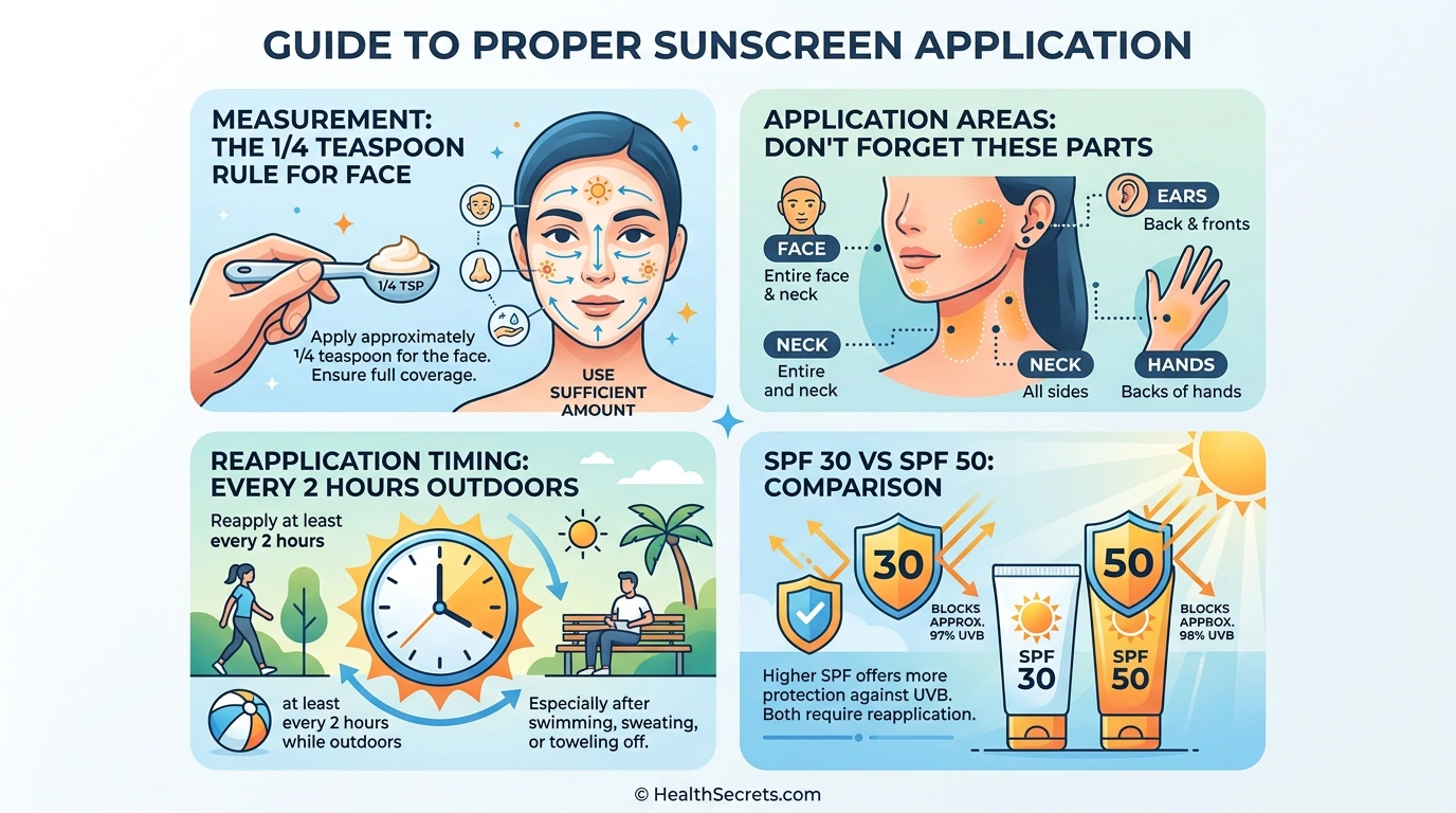Sunscreen application guide showing proper amount SPF levels and reapplication schedule for anti-aging protection