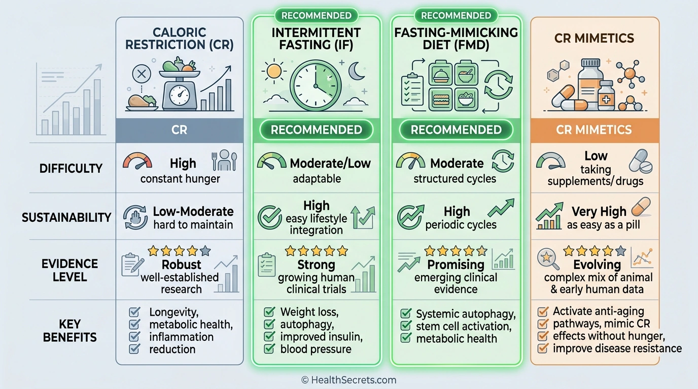 Caloric restriction alternatives comparison intermittent fasting CR mimetics sustainability chart