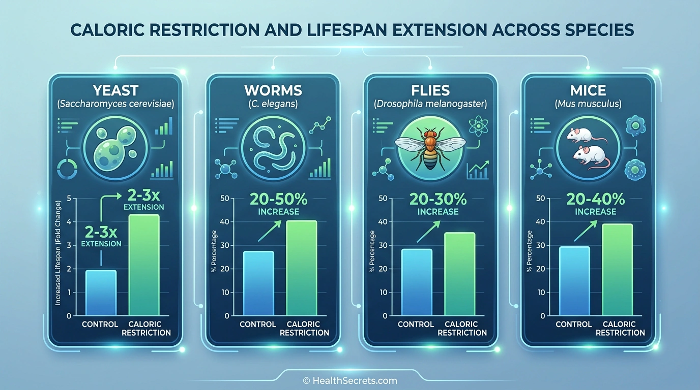 Caloric restriction lifespan extension across species from yeast to mice infographic