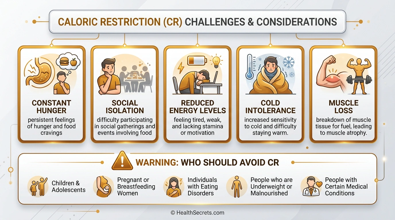 Caloric restriction practical challenges and contraindications infographic