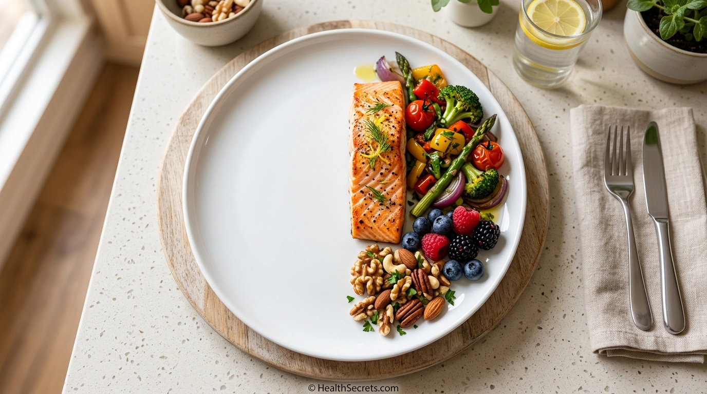Nutrient-dense caloric restriction meal with colorful vegetables salmon berries and nuts for longevity
