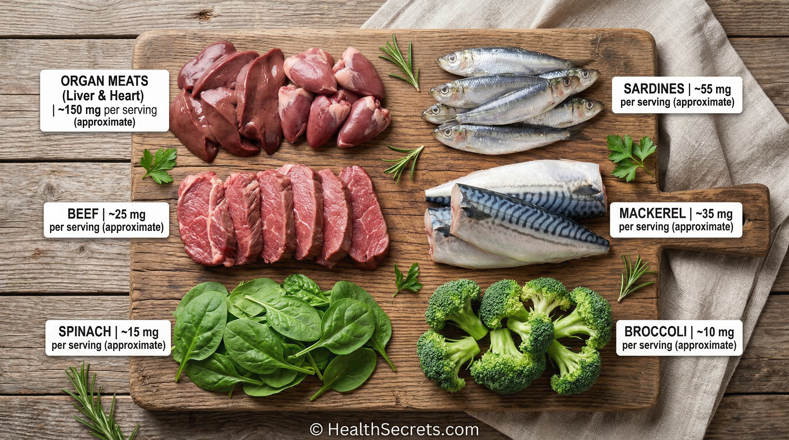 Foods containing CoQ10 including organ meats sardines mackerel beef spinach and broccoli