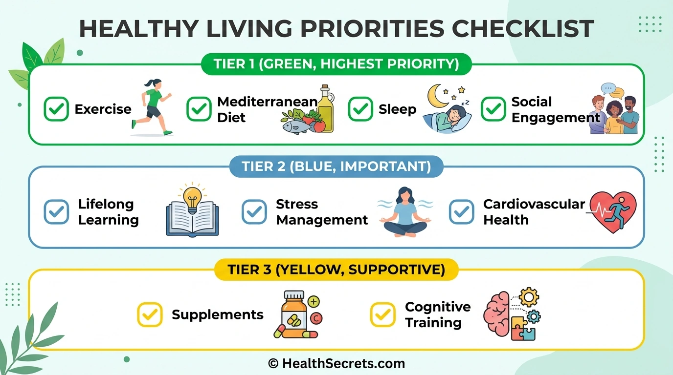 Evidence comparison chart showing lifestyle interventions are more powerful than supplements for preventing cognitive aging