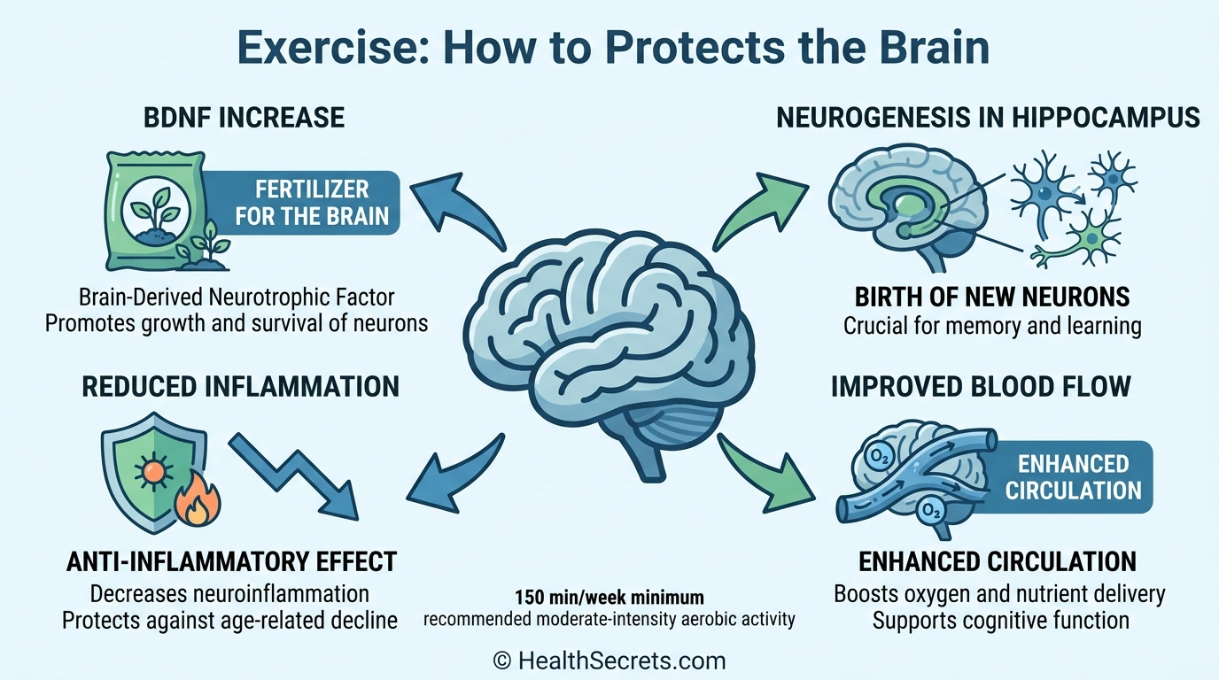 Infographic showing how exercise protects the brain through BDNF, neurogenesis, blood flow, and reduced inflammation