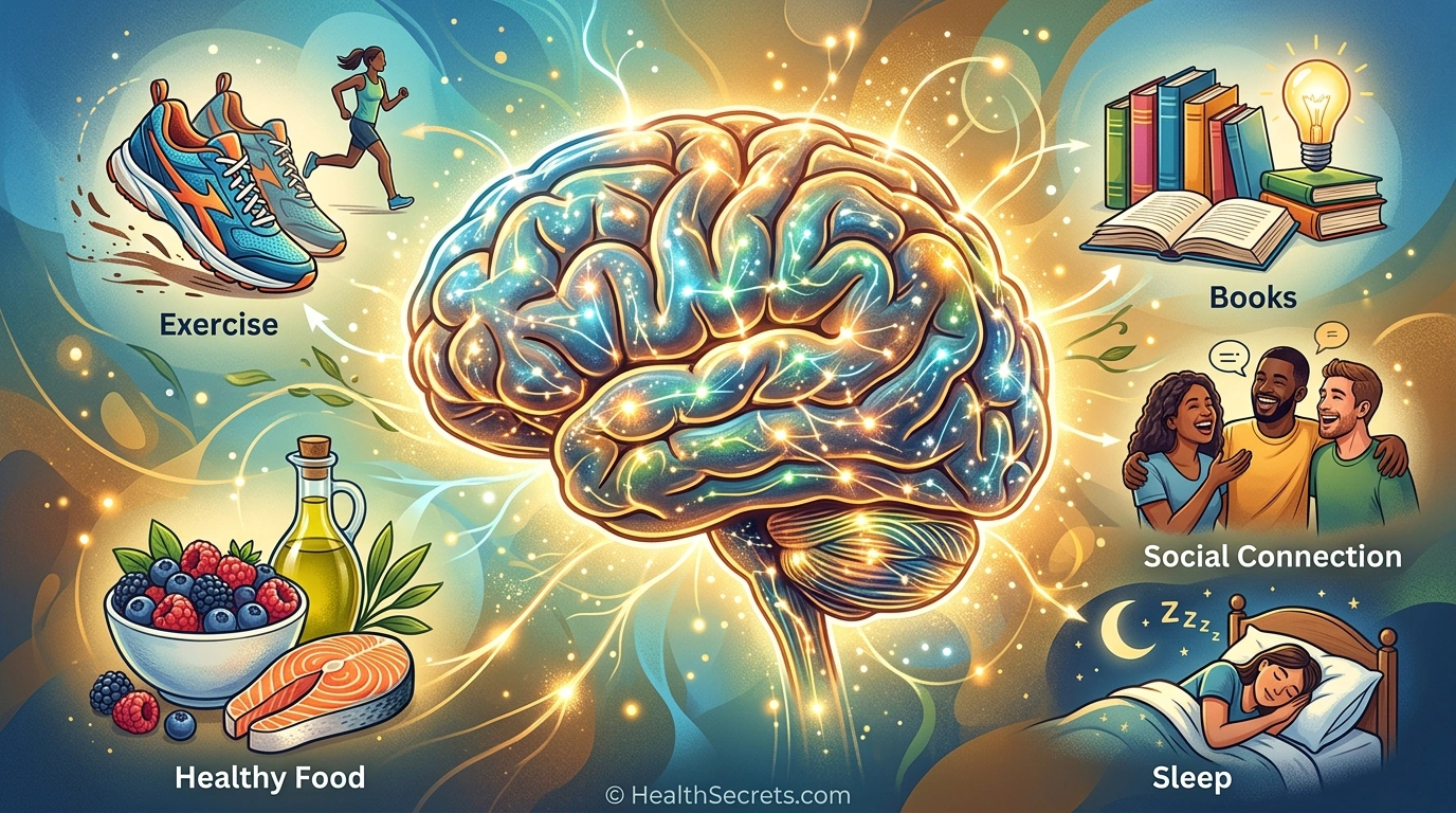 Brain health strategies for cognitive aging prevention including exercise, diet, learning, and social engagement