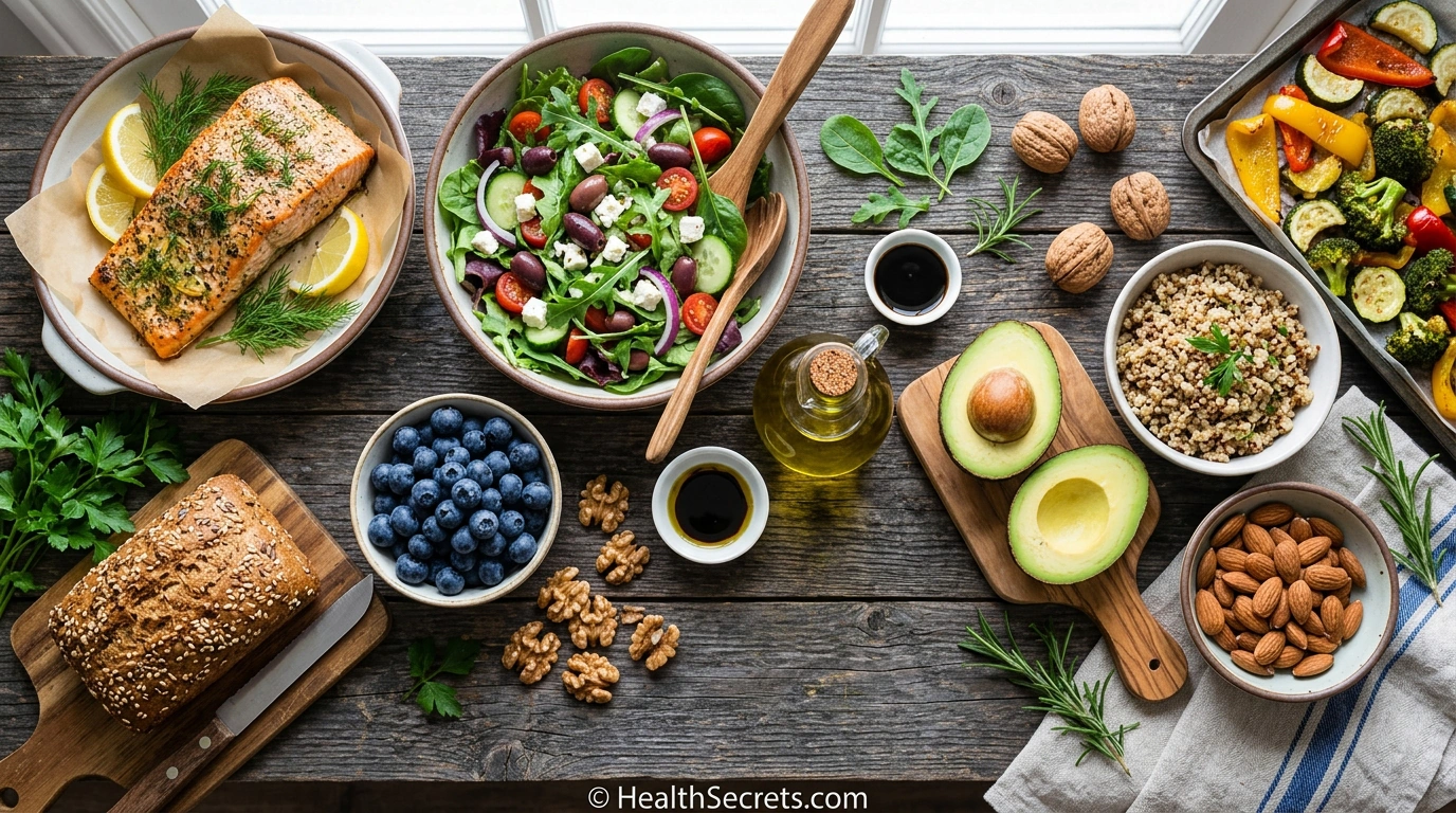 Mediterranean diet brain foods including salmon, berries, leafy greens, olive oil, nuts, and whole grains