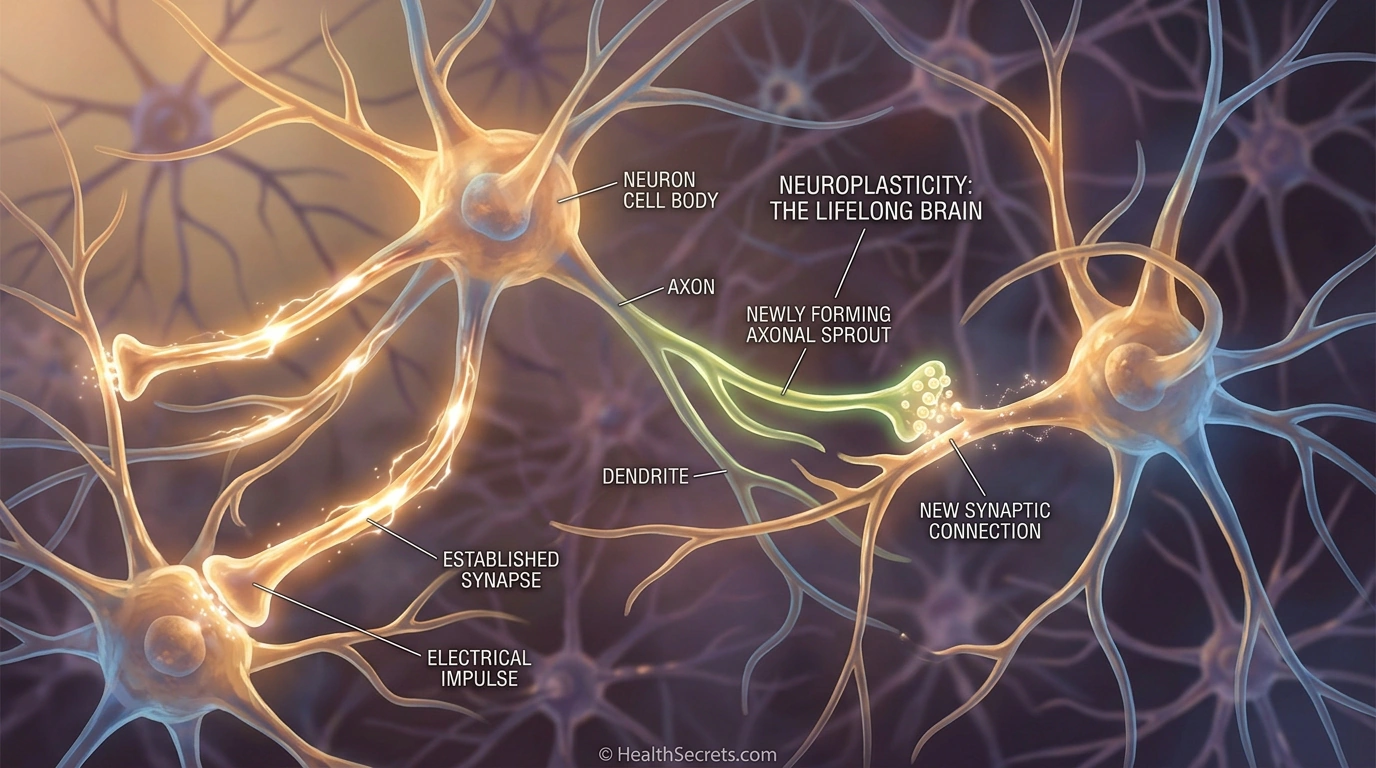 Neuroplasticity illustration showing new neural connections forming in the aging brain