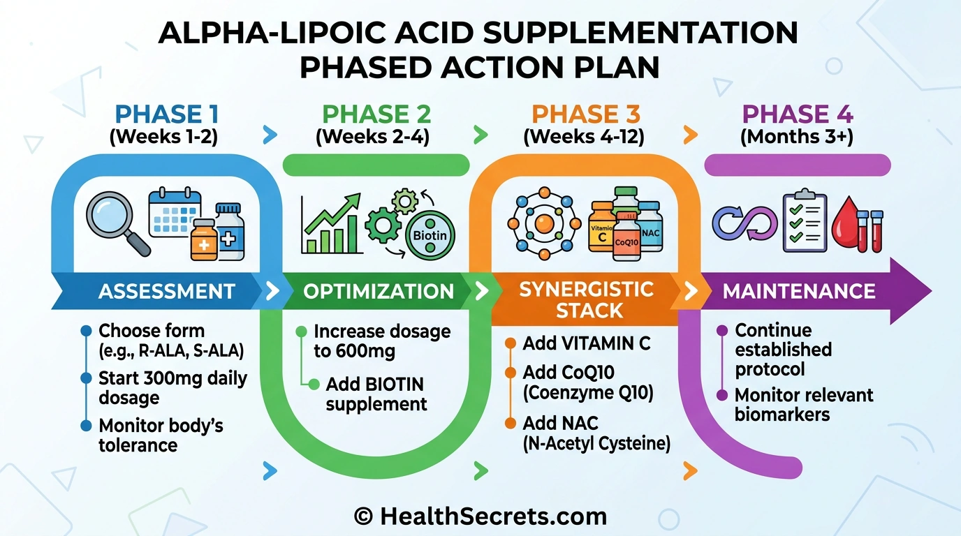 Four-phase action plan for starting alpha-lipoic acid supplementation from assessment through long-term maintenance