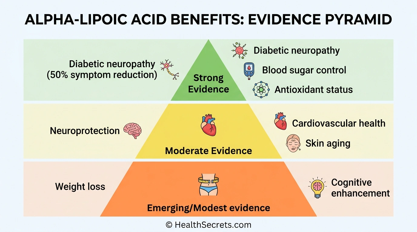 Evidence pyramid showing alpha-lipoic acid clinical benefits ranked by strength of research evidence