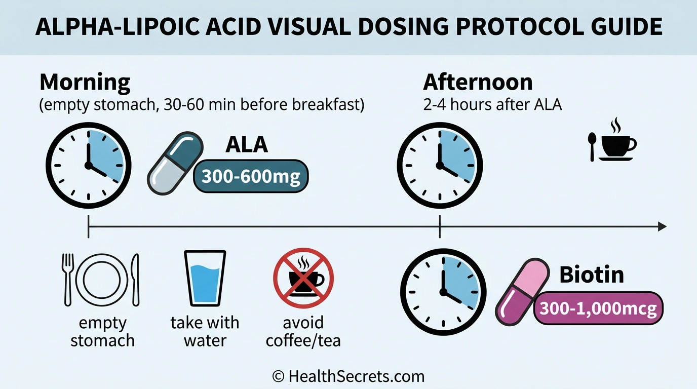 Alpha-lipoic acid dosing and timing protocol showing empty stomach timing biotin separation and daily schedule