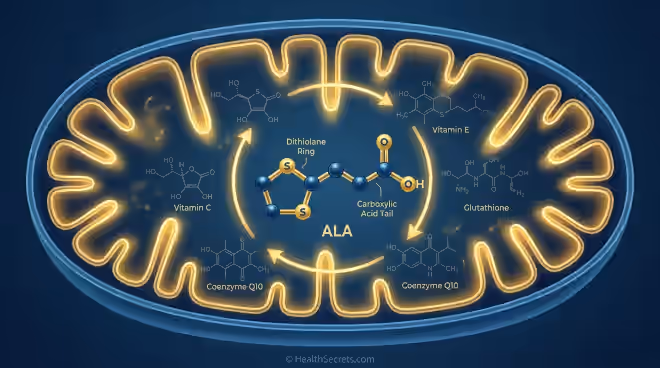 Alpha-lipoic acid molecular structure inside mitochondria showing its role as universal antioxidant and mitochondrial cofactor