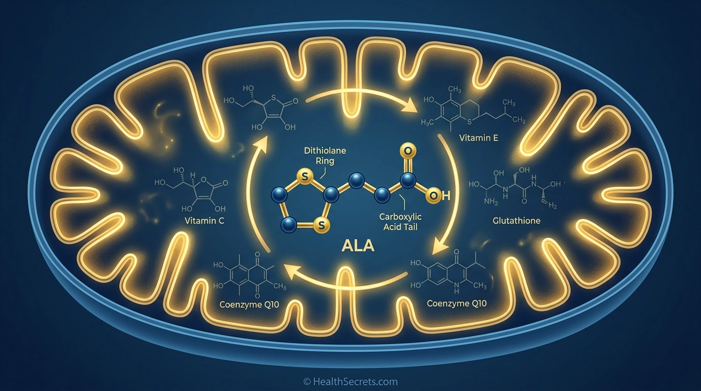 Alpha-lipoic acid molecular structure inside mitochondria showing its role as universal antioxidant and mitochondrial cofactor