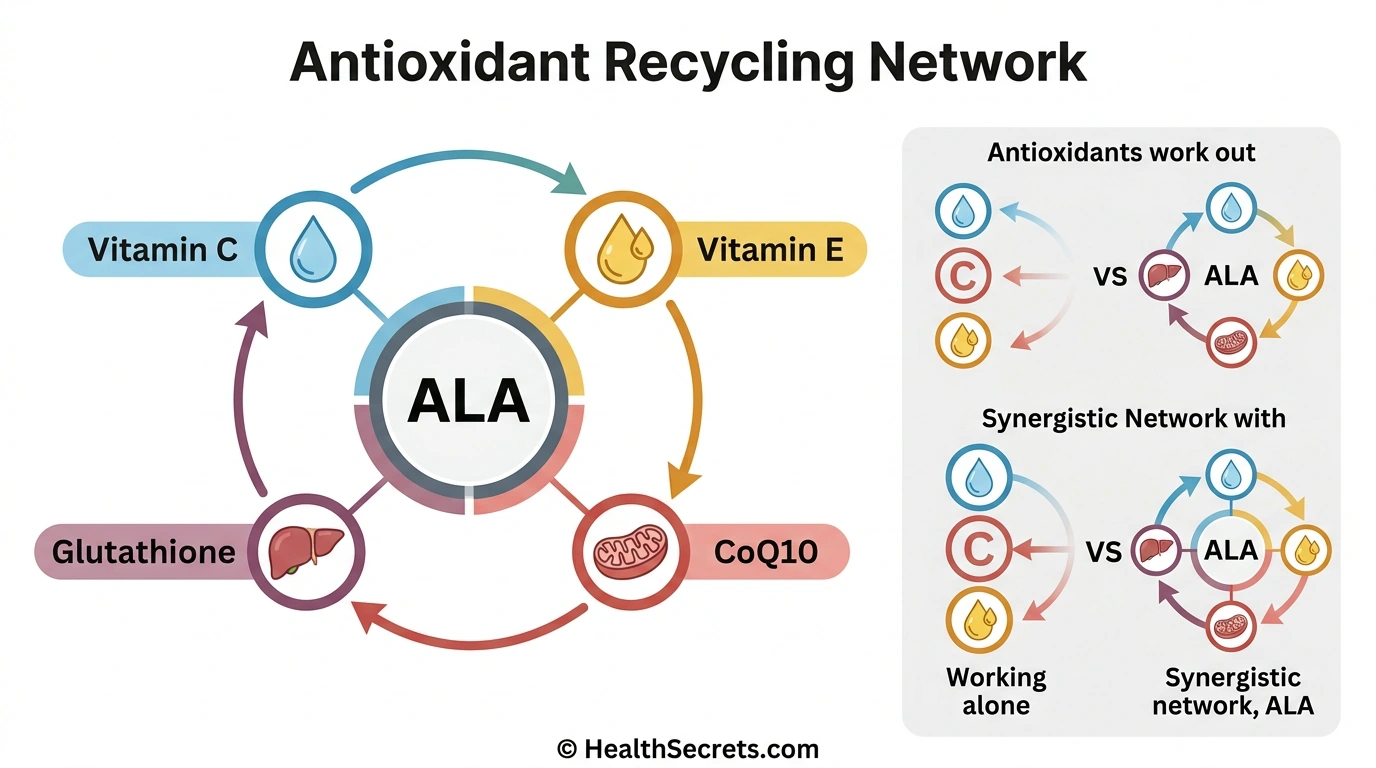 Antioxidant network diagram showing alpha-lipoic acid recycling vitamins C and E glutathione and CoQ10