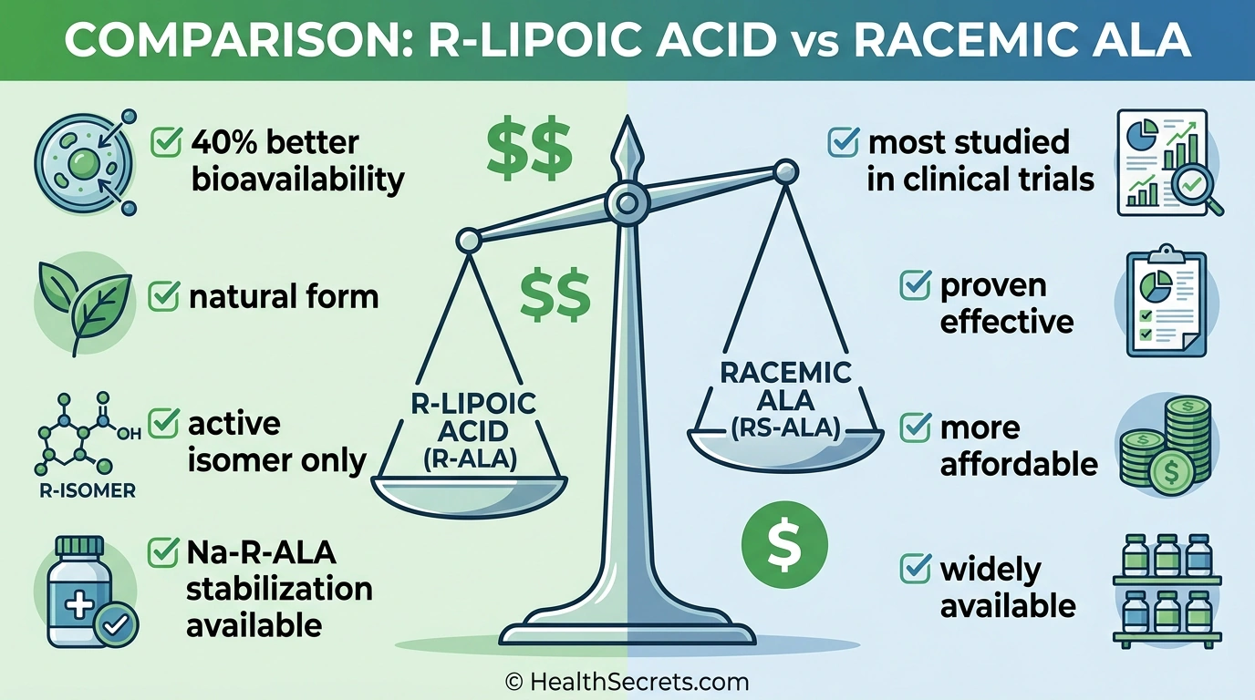 Comparison infographic of R-lipoic acid versus racemic alpha-lipoic acid showing bioavailability price and clinical evidence differences