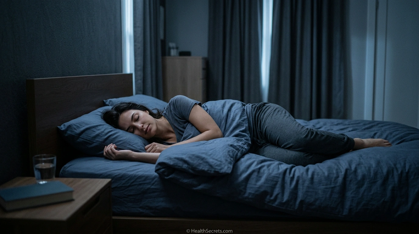 Person sleeping peacefully in dark cool bedroom for optimal longevity and health