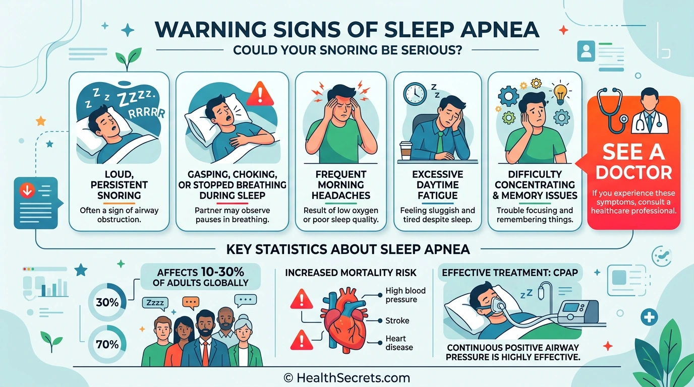Sleep apnea warning signs infographic showing symptoms that require medical evaluation