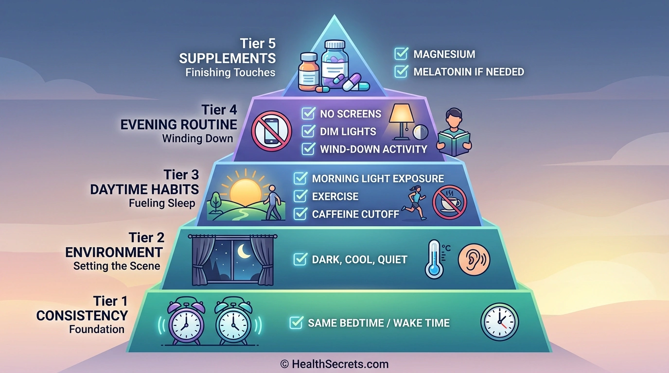 Five-tier sleep optimization pyramid showing consistency as the most important foundation for longevity
