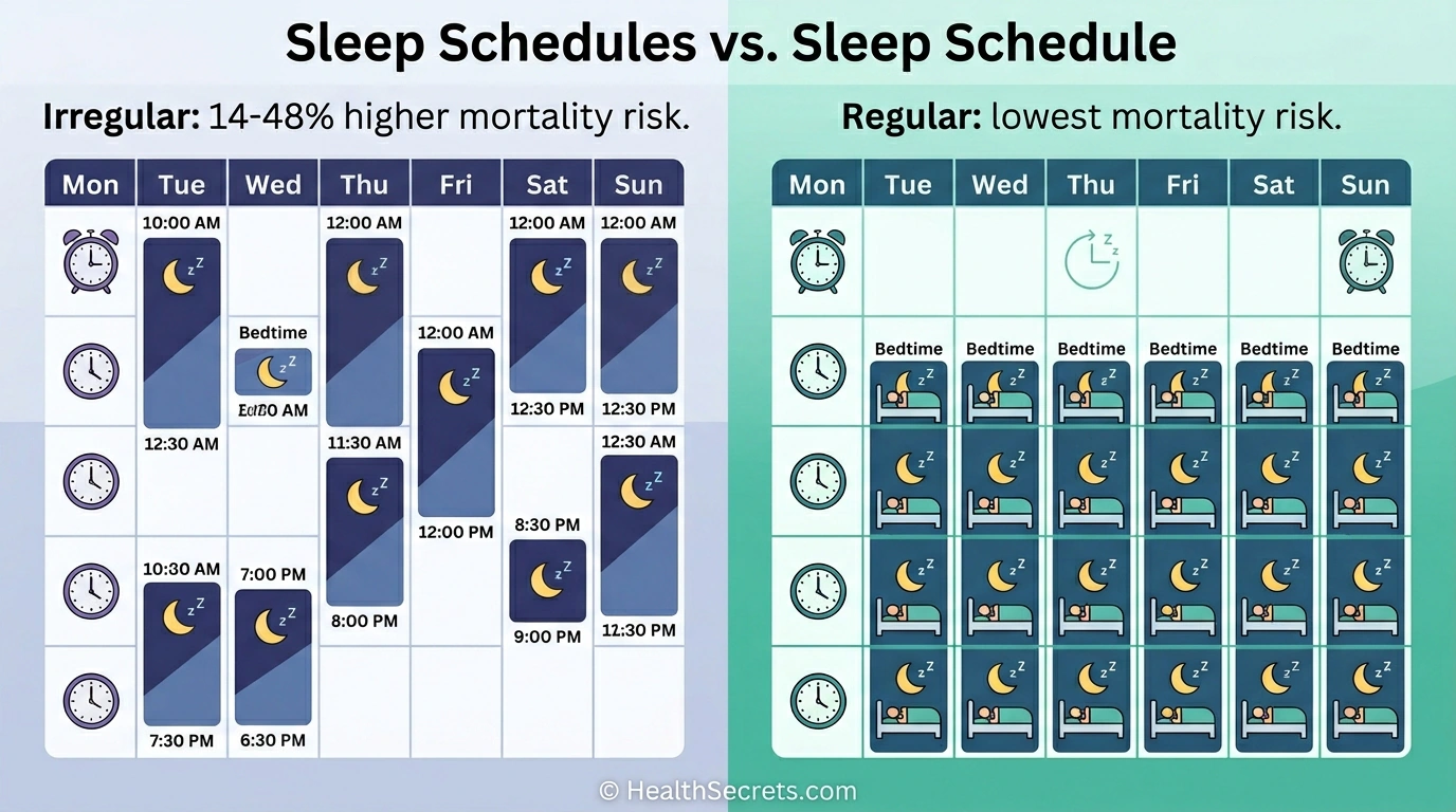 Sleep regularity comparison showing consistent schedule reduces mortality risk more than duration alone