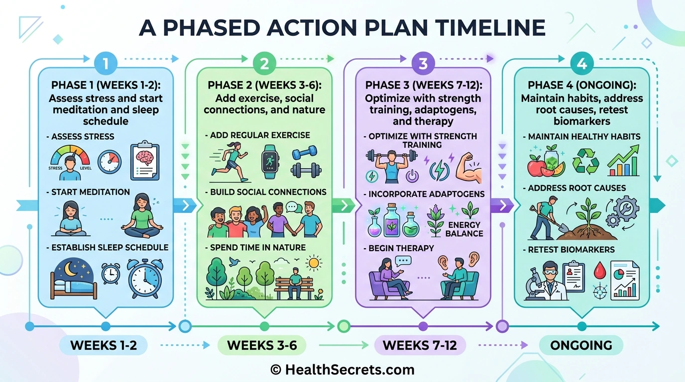 Four-phase action plan timeline for implementing stress management interventions to protect against accelerated aging