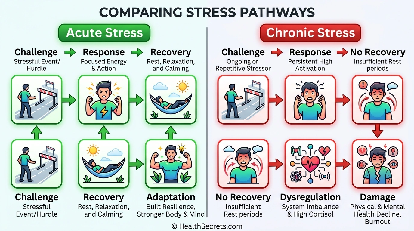 Diagram comparing acute stress recovery pathway leading to adaptation versus chronic stress pathway leading to biological damage