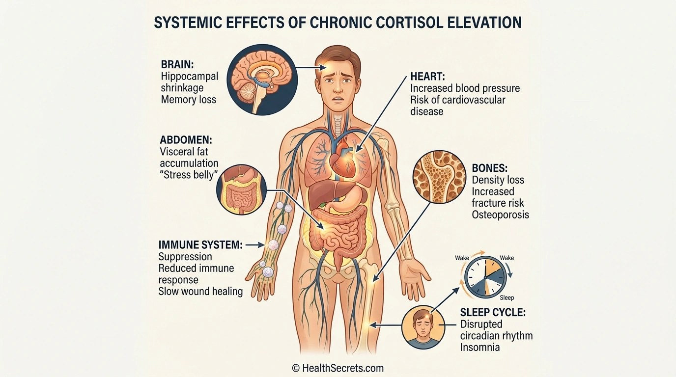 Body diagram showing the effects of chronic cortisol elevation on the brain, immune system, heart, metabolism, bones, and sleep