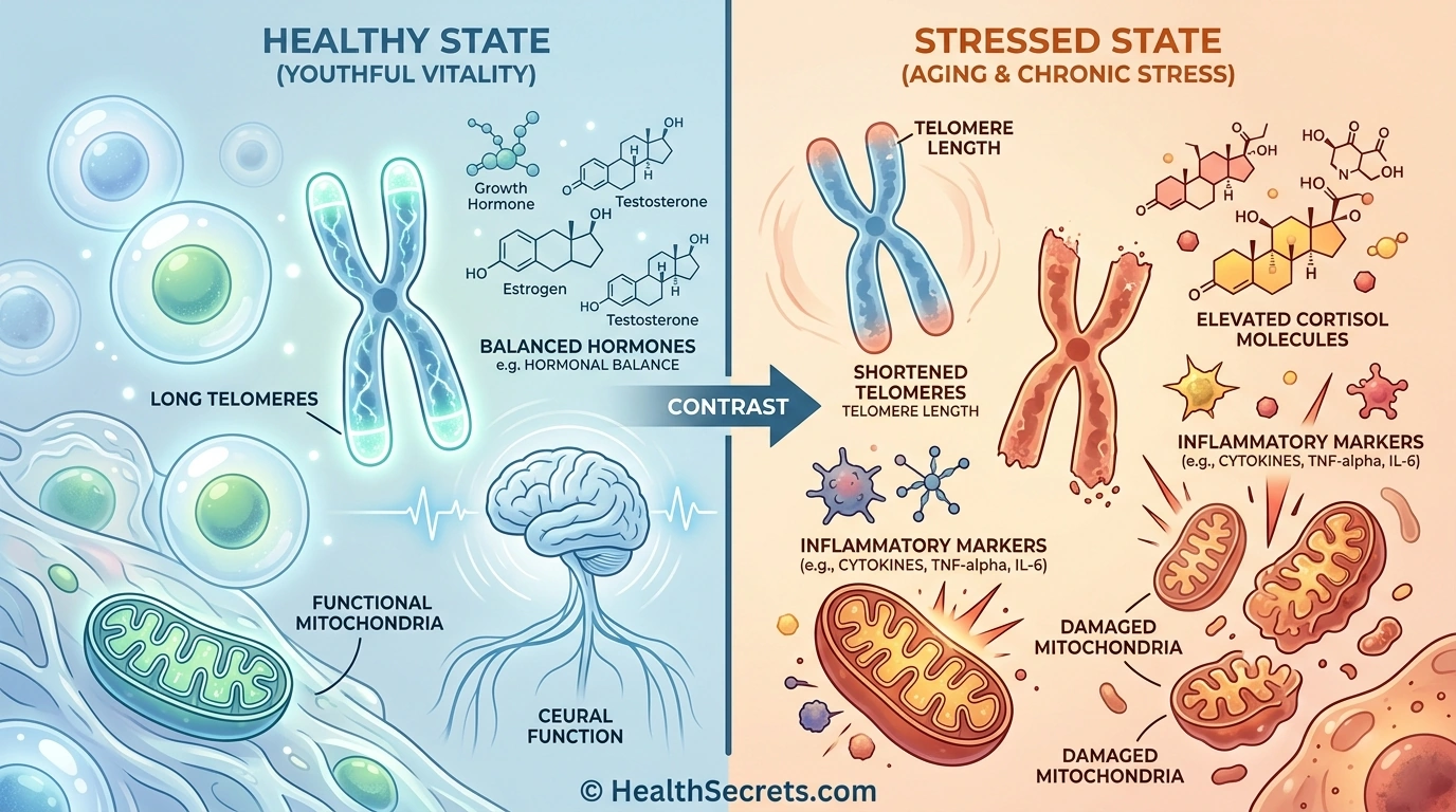Scientific illustration comparing healthy cells with intact telomeres to stressed cells showing telomere shortening, inflammation, and cortisol damage