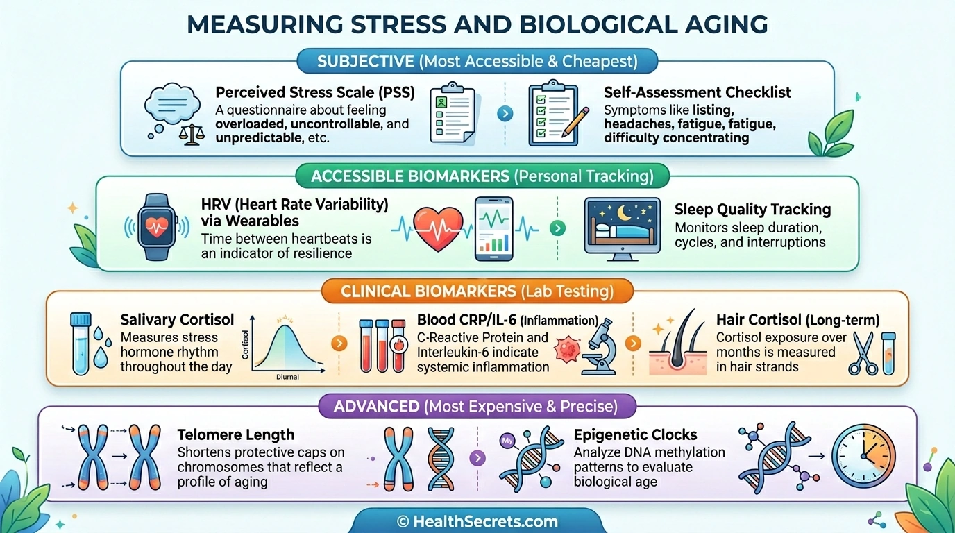 Infographic showing stress measurement tools from subjective self-assessment to advanced epigenetic clock testing arranged by accessibility and cost