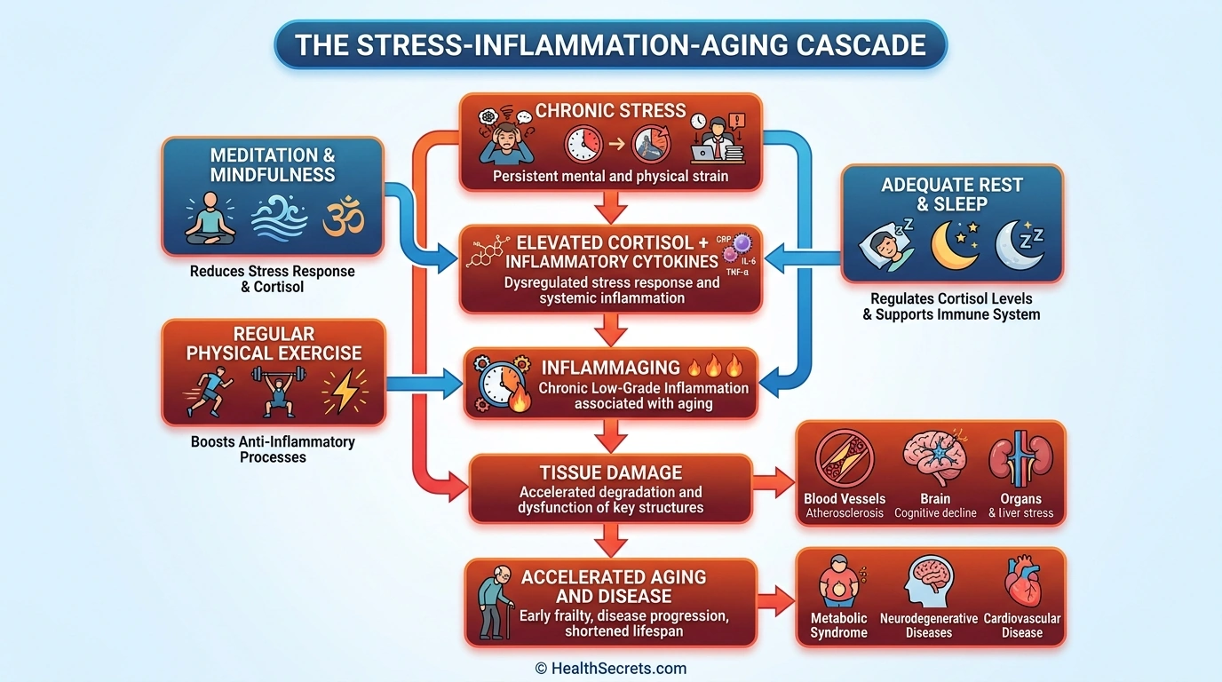 Flowchart showing the cascade from chronic stress to inflammaging to accelerated aging with intervention points highlighted