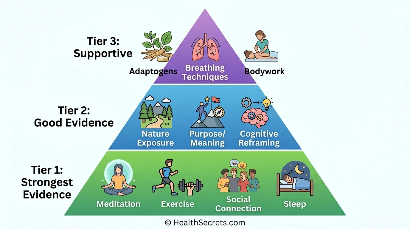 Three-tier pyramid showing stress management interventions ranked by evidence strength from strongest to supportive
