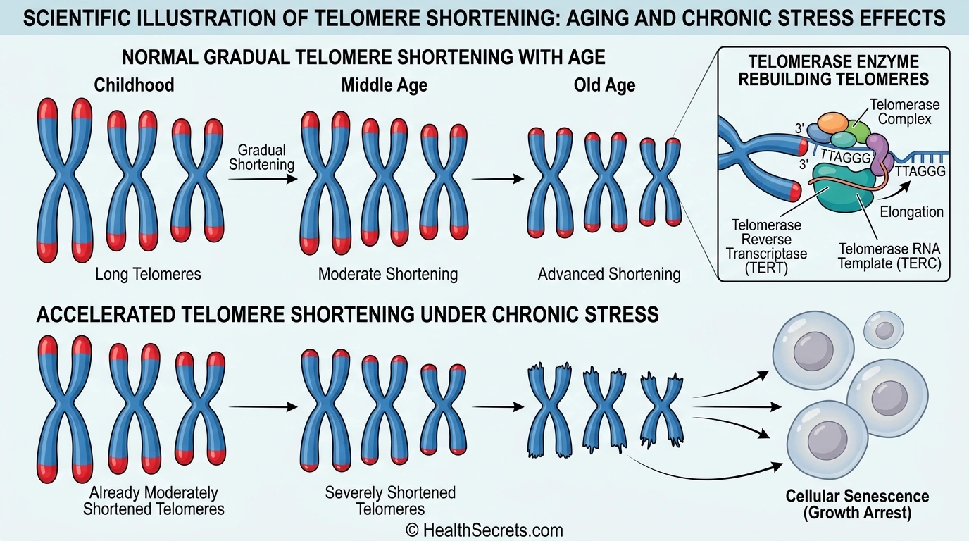 Illustration of telomere shortening comparing normal aging to accelerated shortening from chronic stress with telomerase enzyme detail