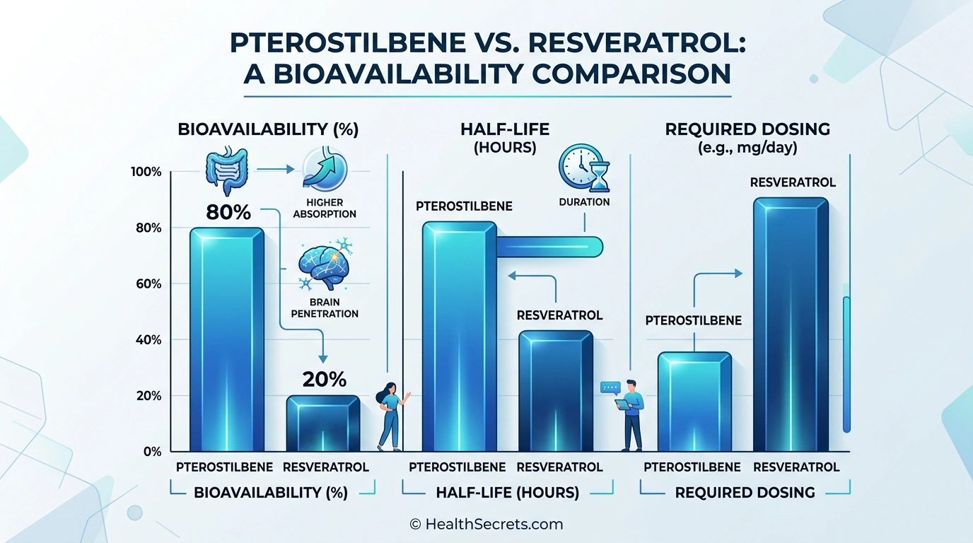 Bar chart comparing pterostilbene and resveratrol bioavailability, half-life, and dosing requirements