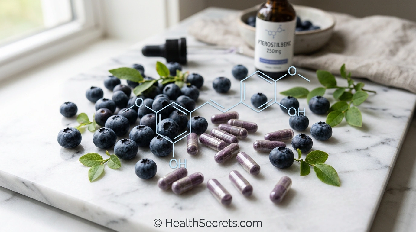 Fresh blueberries and pterostilbene supplement capsules with molecular structure overlay