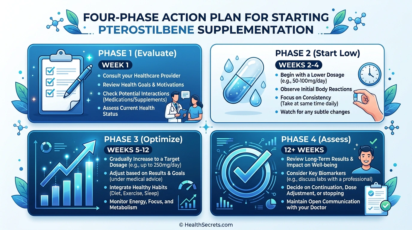 Four-phase action plan for starting pterostilbene supplementation with timeline and key steps