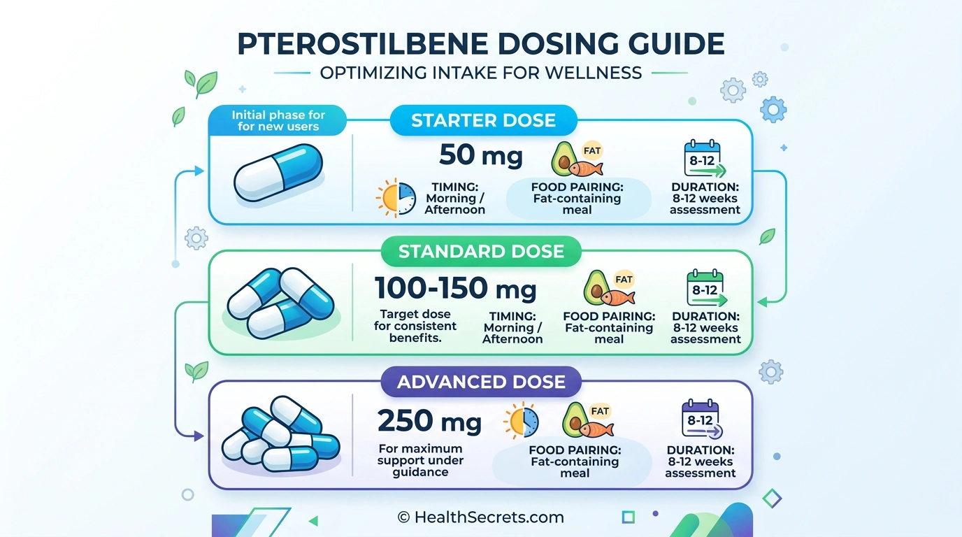 Pterostilbene dosing guide showing starter, standard, and advanced dose recommendations with timing tips
