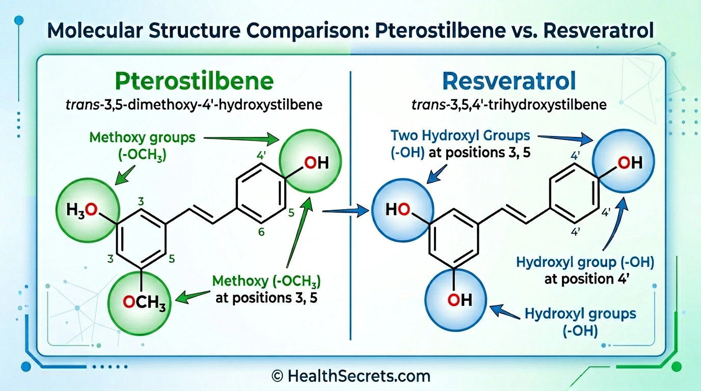 Chemical structure comparison showing pterostilbene methoxy groups versus resveratrol hydroxyl groups