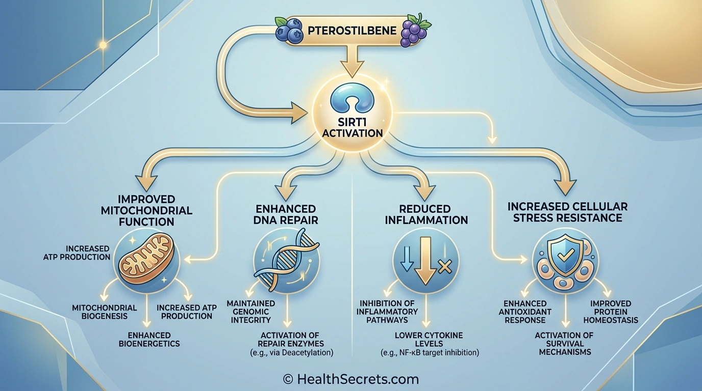 Diagram of pterostilbene SIRT1 sirtuin activation pathway showing downstream cellular health effects