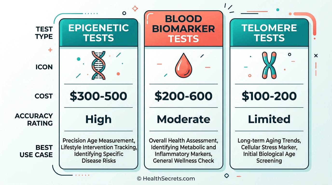 Comparison chart of biological age test types showing epigenetic tests, blood biomarker tests, and telomere tests with costs and accuracy ratings