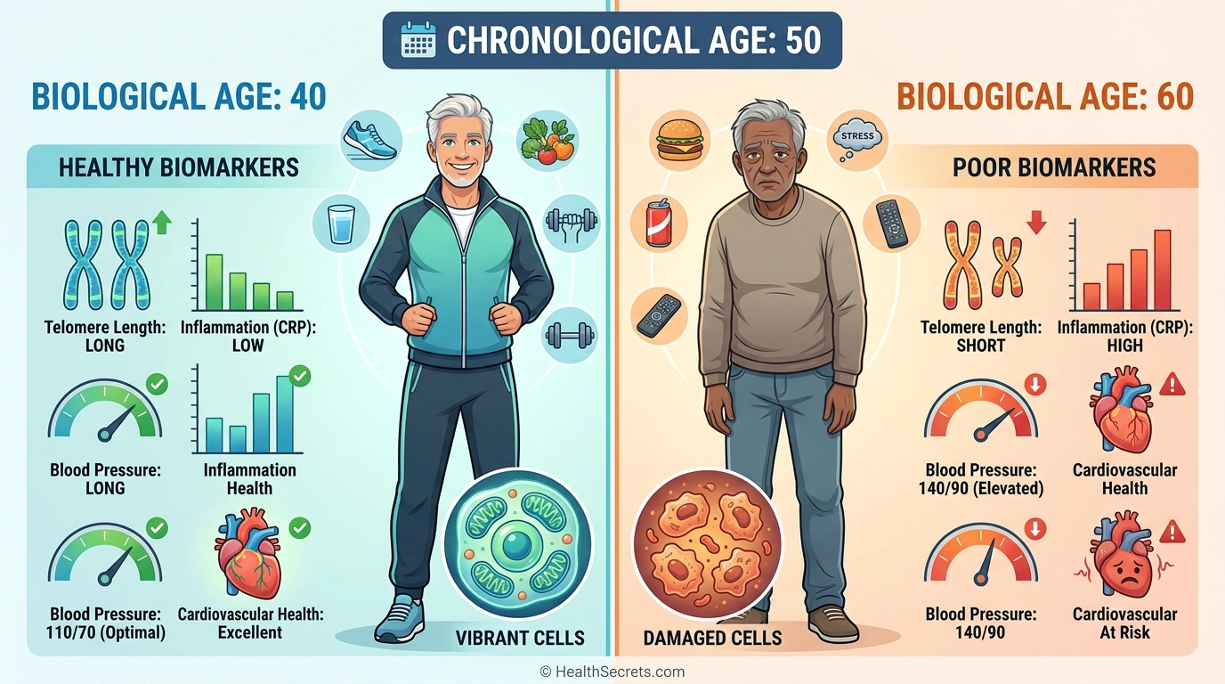 Comparison infographic showing how two people of the same chronological age can have different biological ages based on cellular health and biomarkers