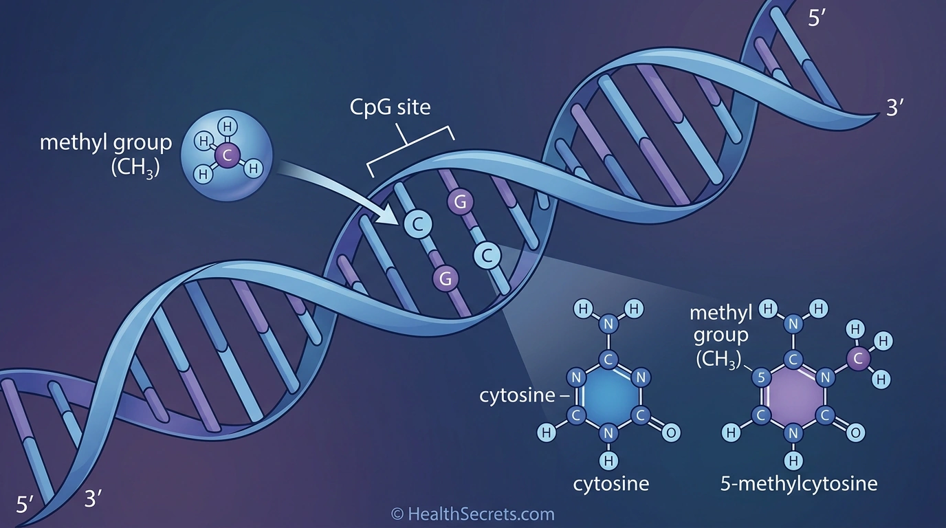 Scientific illustration of DNA methylation process showing a methyl group attaching to a cytosine base at a CpG site on the DNA double helix