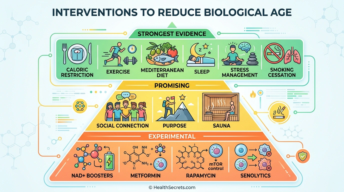 Evidence pyramid showing three tiers of interventions for reducing biological age from proven lifestyle changes to experimental supplements and drugs