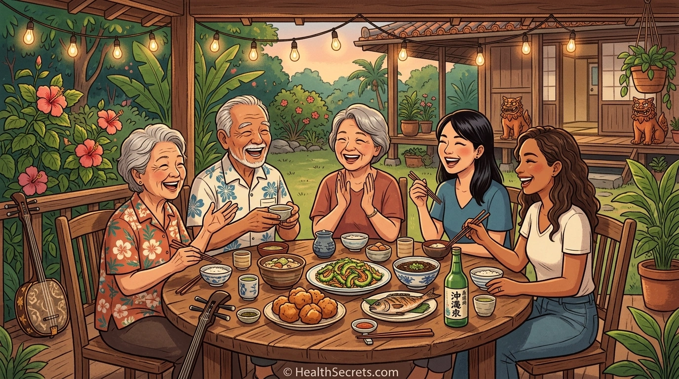 Daily longevity routine infographic showing morning movement midday plant-based meals afternoon downshift and evening social connection