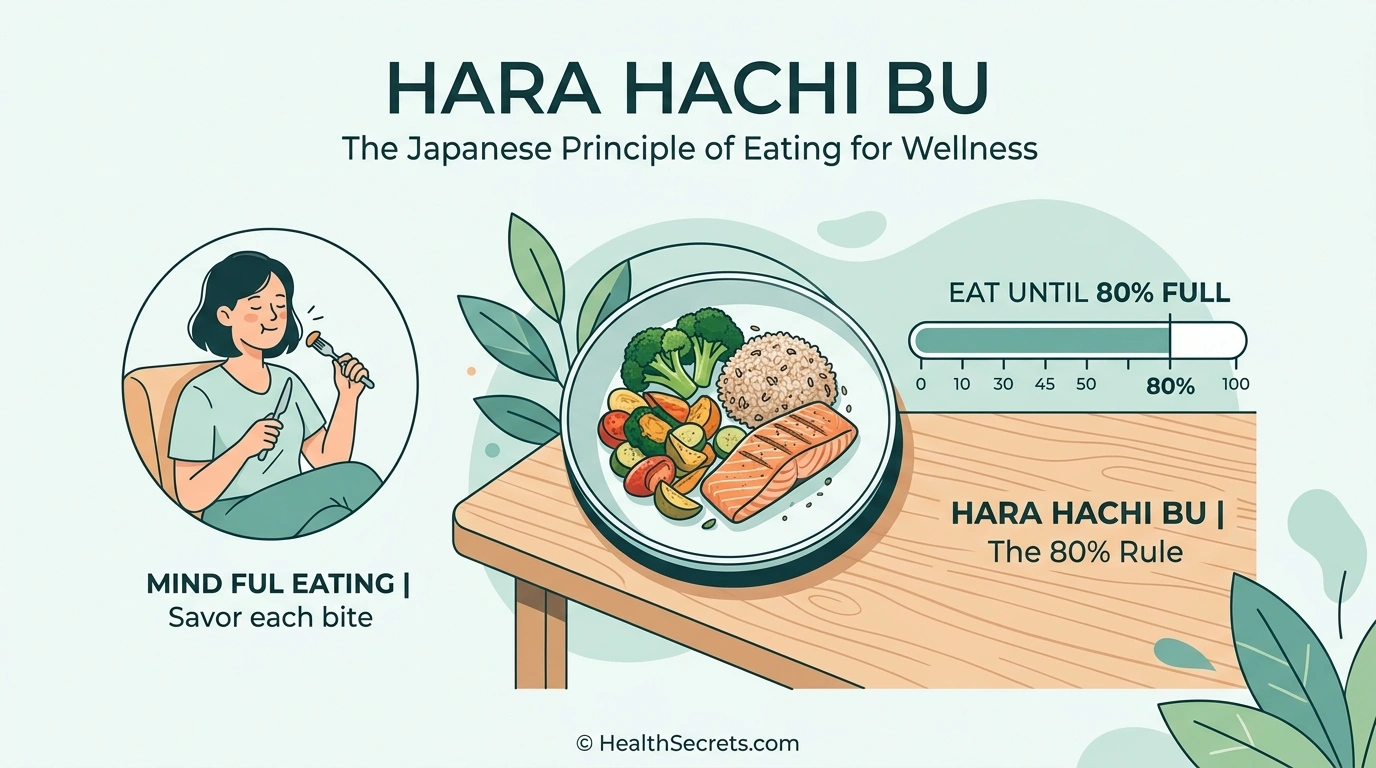 Hara hachi bu 80 percent rule illustration showing mindful eating and stopping before feeling full