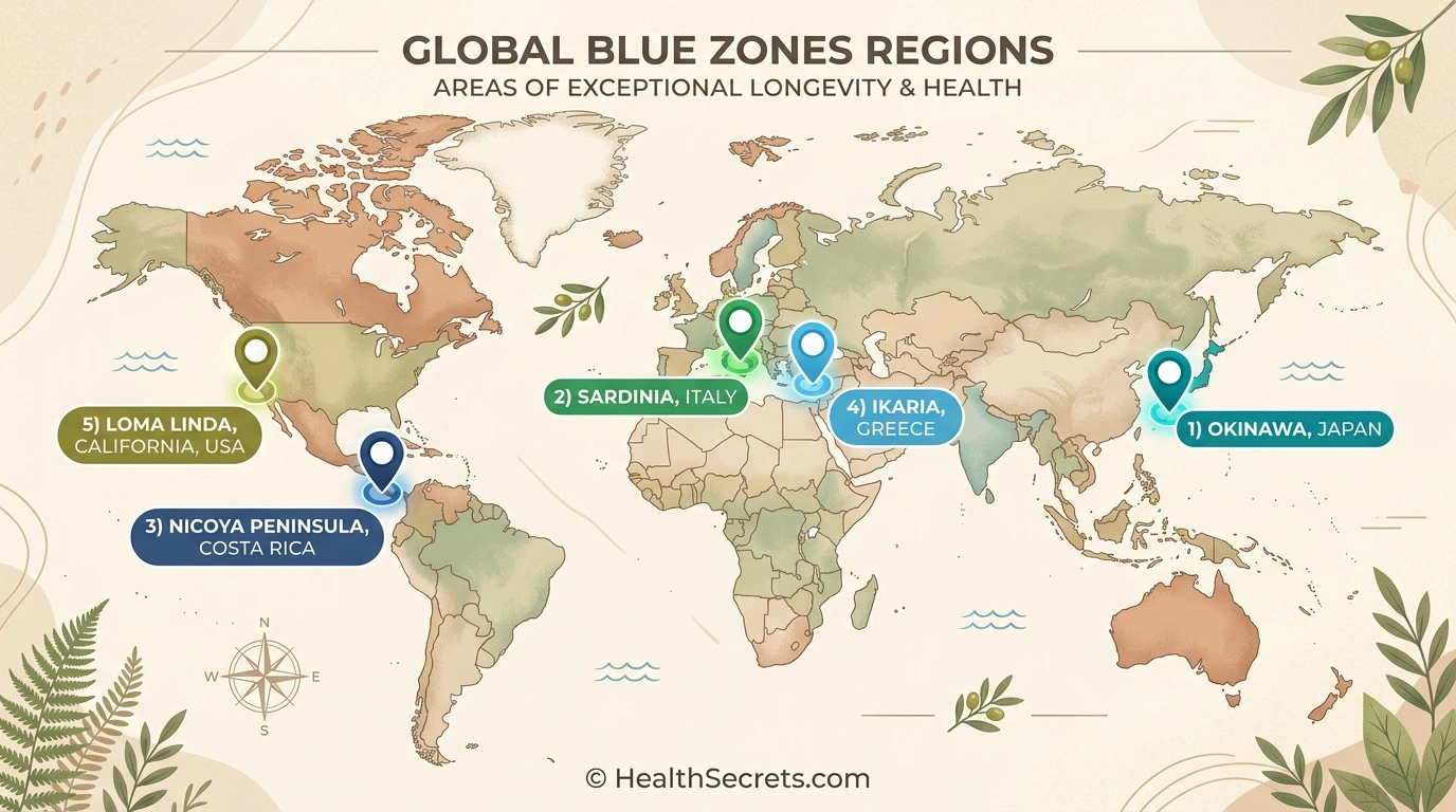 World map highlighting the five Blue Zones regions where people live the longest including Okinawa Sardinia Nicoya Ikaria and Loma Linda