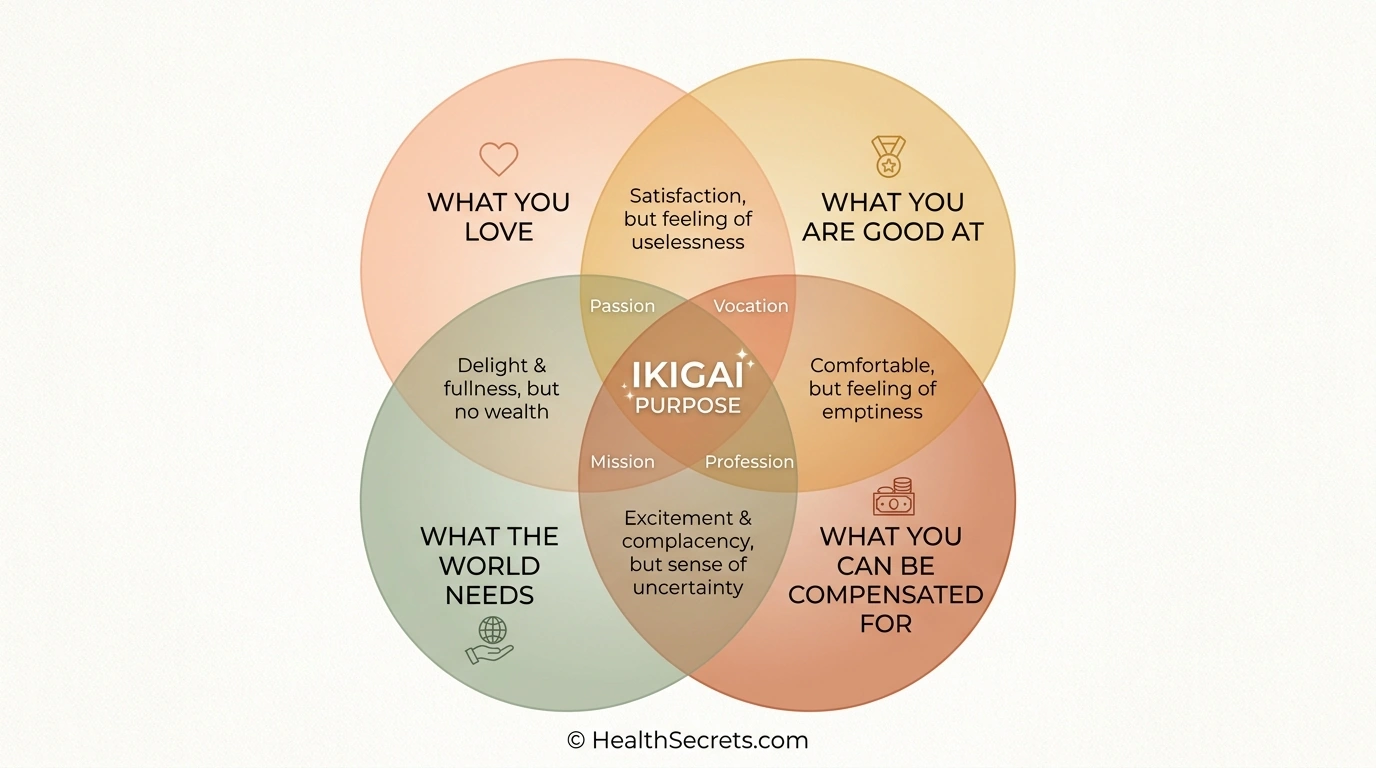 Ikigai purpose diagram showing four overlapping elements that create your reason for being